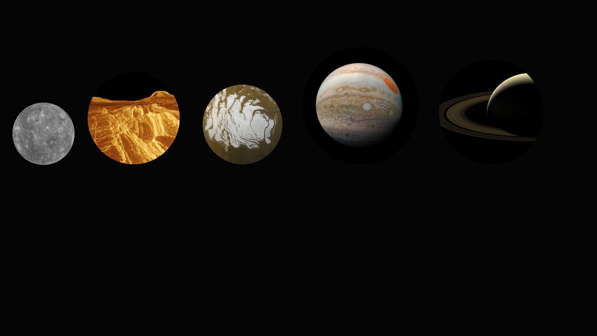 Five classical wanderers as NASA discs on black: Mercury, Venus, Mars, Jupiter, Saturn.