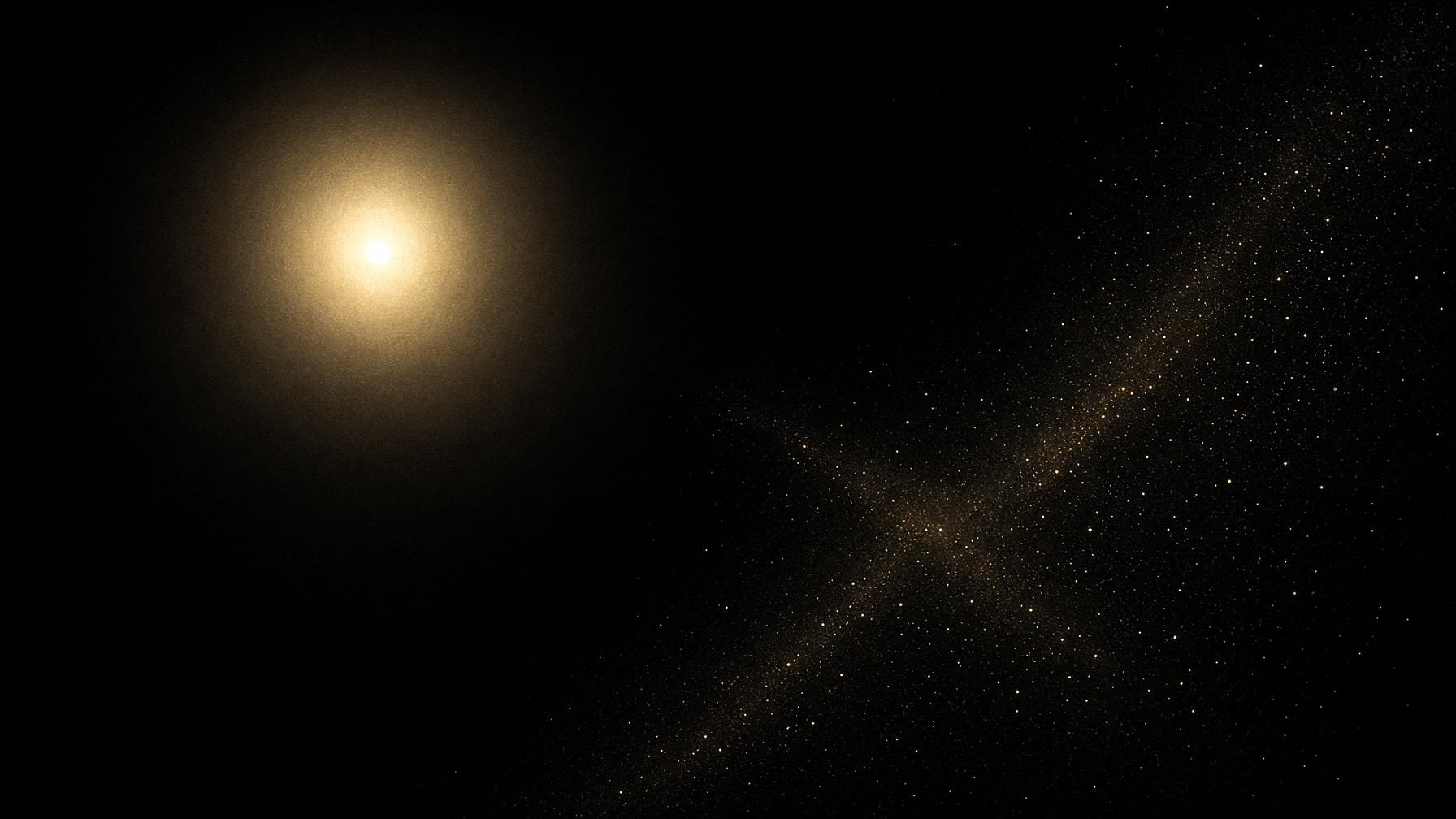 Painterly night. One yellow-white nearby lamp at a faint wing-angle of dimmer gold lights. No wheat drawing. No labels.